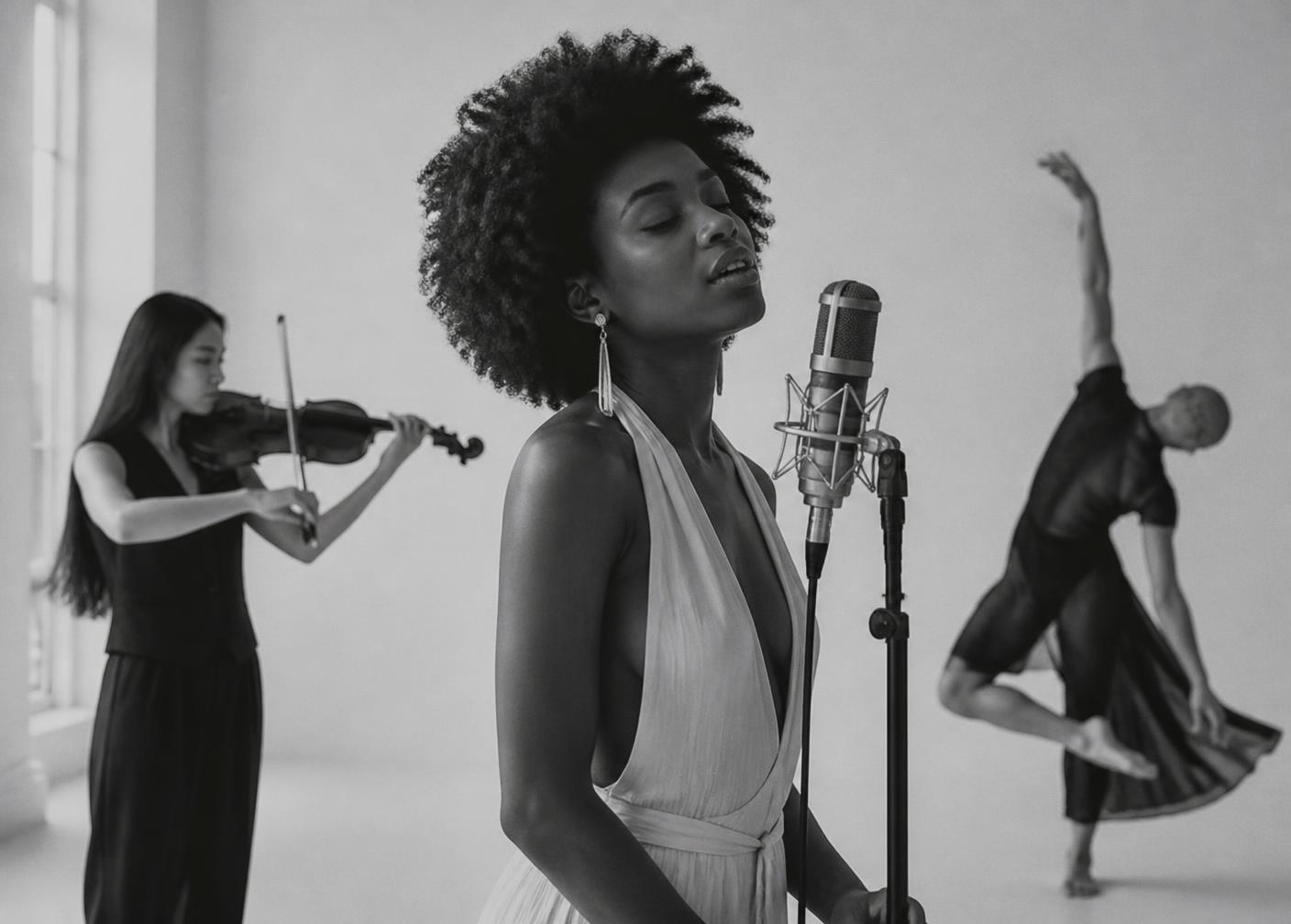 Vocalist at a studio microphone with a violinist and a dancer performing behind her